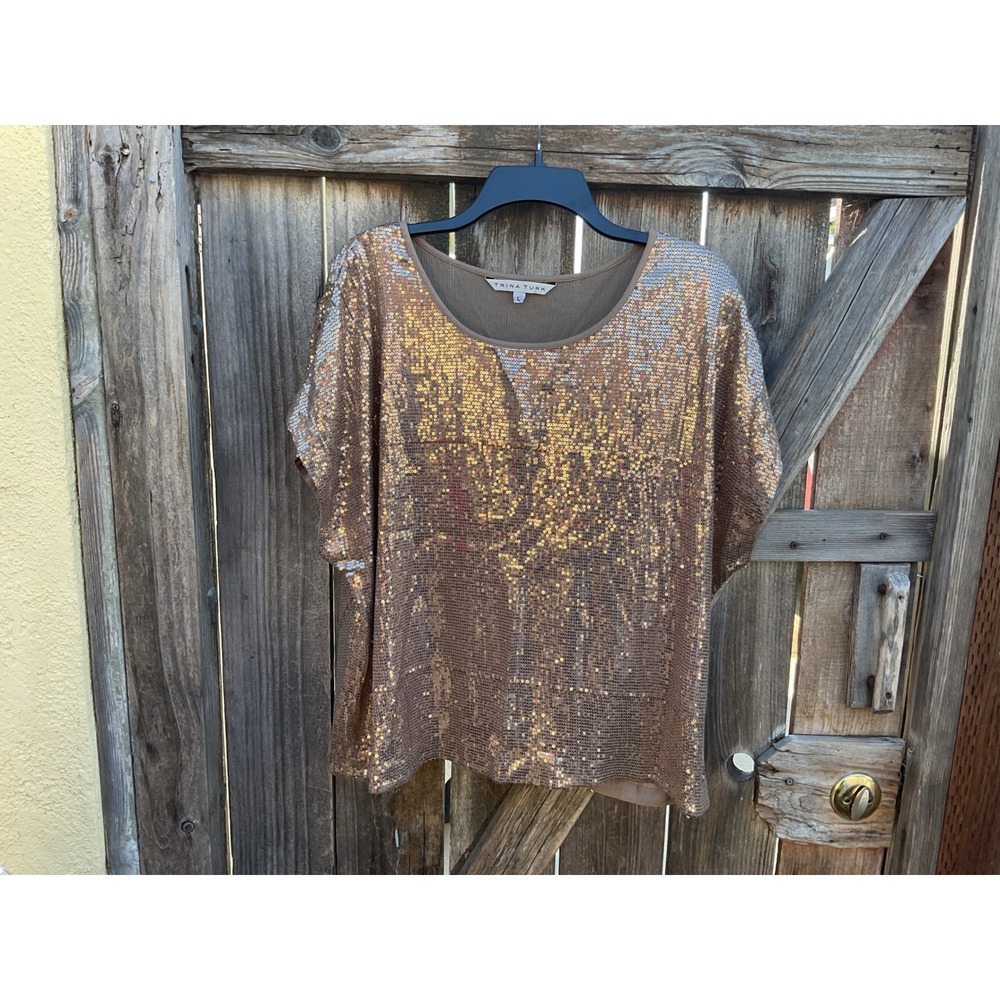 Trina Turk Rose Gold Bronze Sequin Short Sleeve Top Scoop Neck Metallic Large